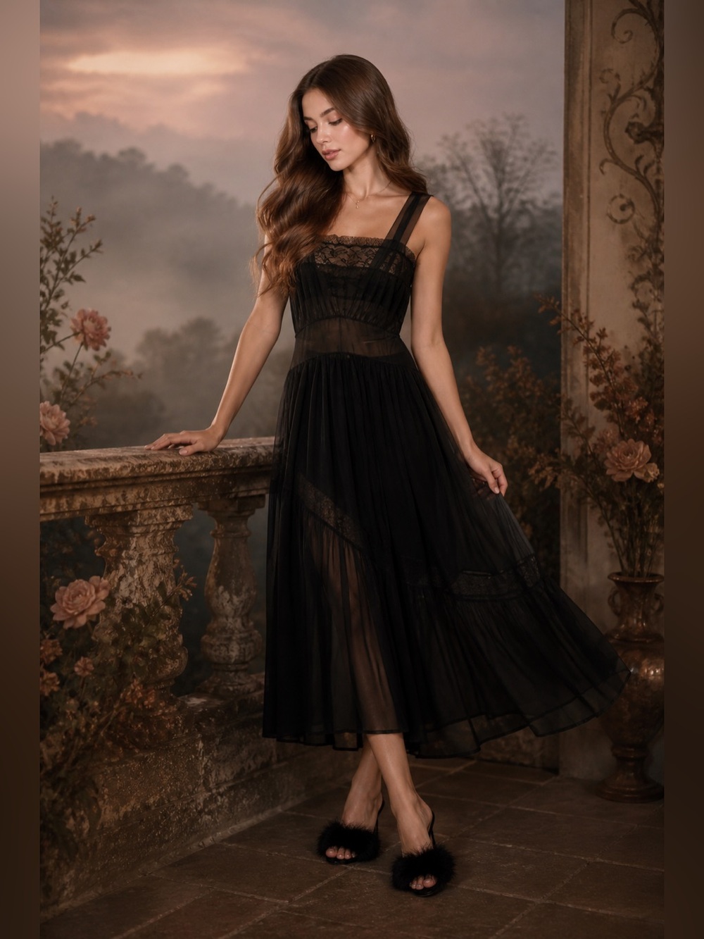 VTG  Van Raalte Black Lace Sheer Slip Dress | Old Hollywood Lingerie Maxi  32